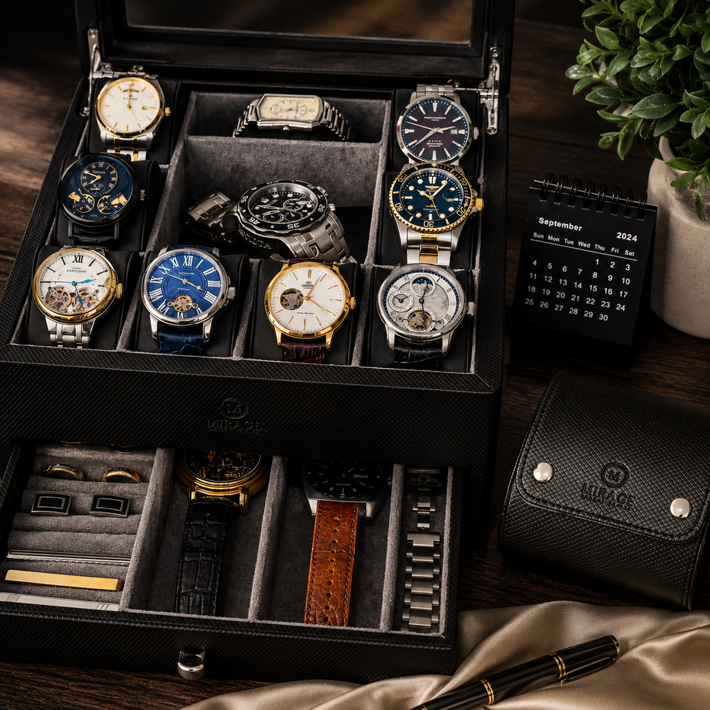 An open black luxury watch storage box filled with assorted wristwatches, jewelry compartments, and accessories, styled on a wooden surface with a small plant, calendar, and satin fabric nearby.