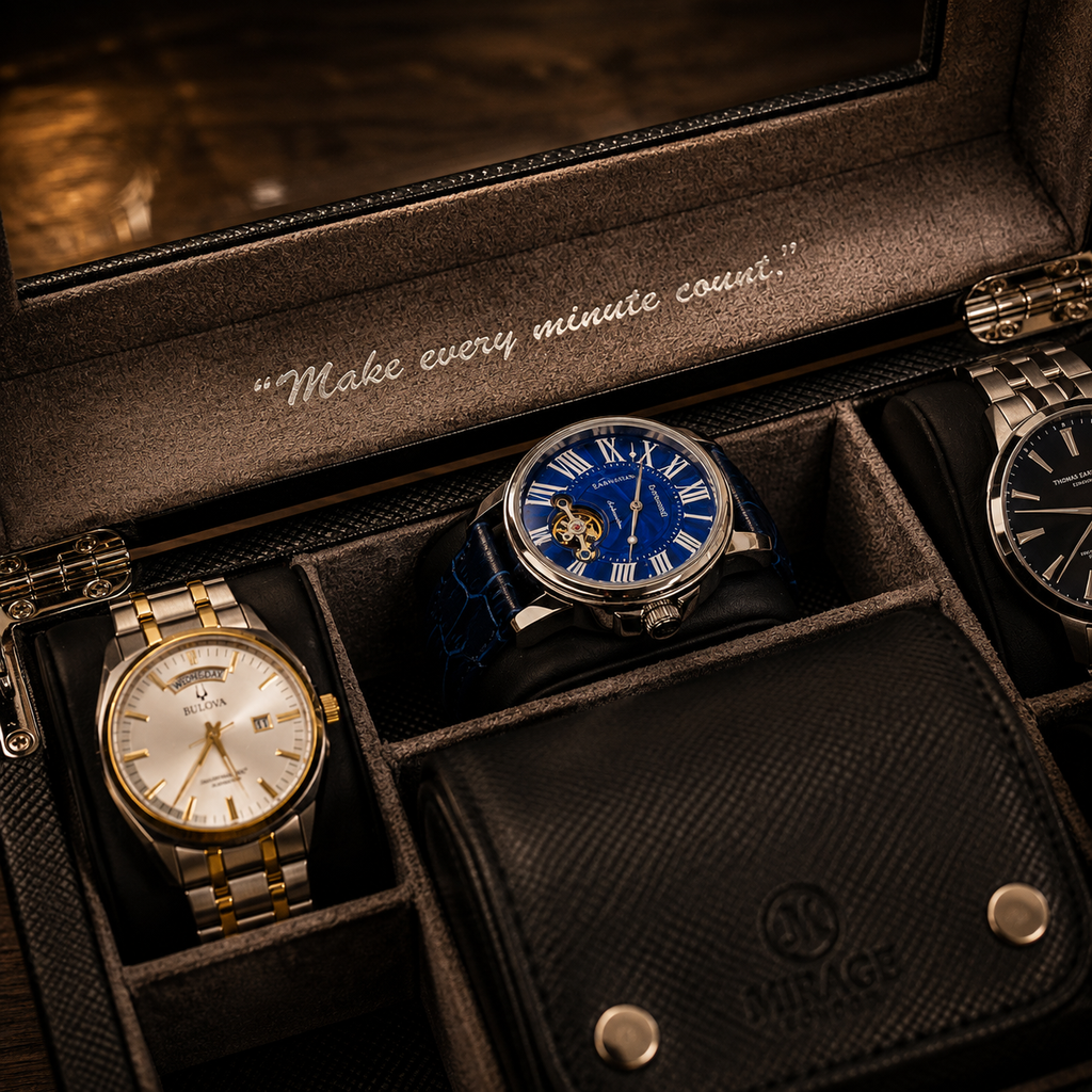 A luxury watch display box with multiple wristwatches in individual compartments. The center watch has a vibrant blue dial and blue strap, flanked by gold and silver-toned models.