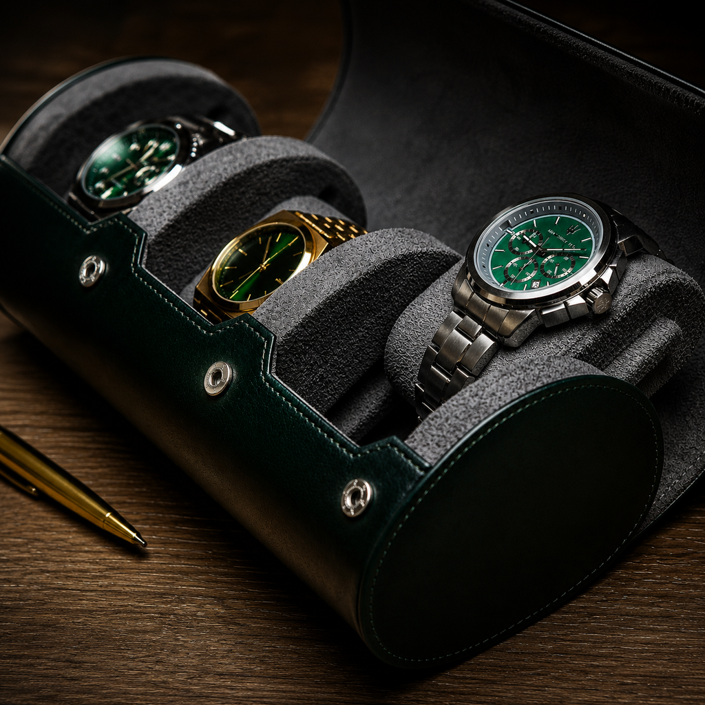 3 Watch Travel Case Vegan Leather Watch Roll (Royal Green)