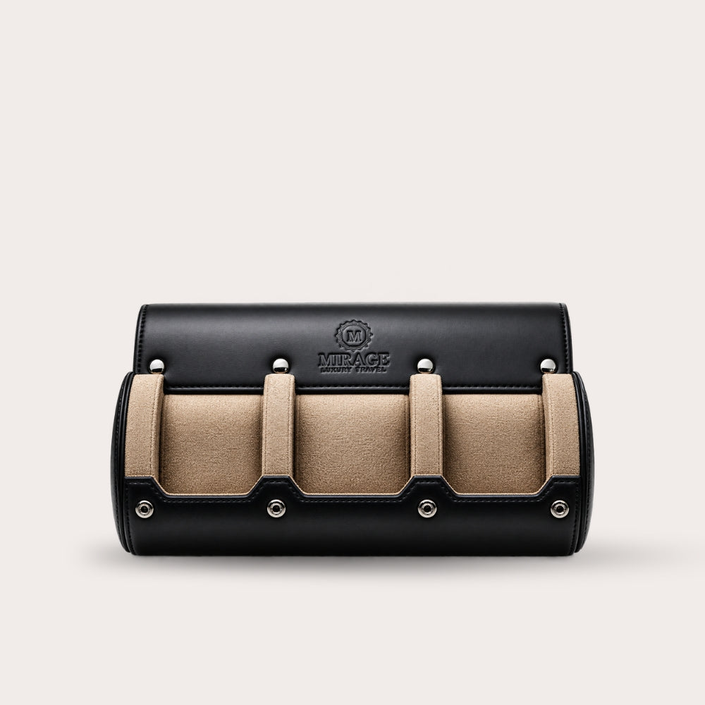 3 Watch Travel Case Full-grain Leather Watch Roll (Sable Black)