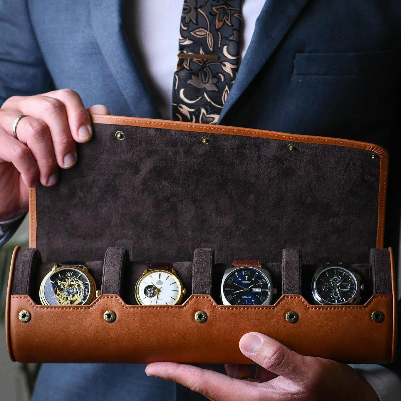Luxury 4 Watch Travel Case | Full-Grain Cow Leather | Tawny Brown