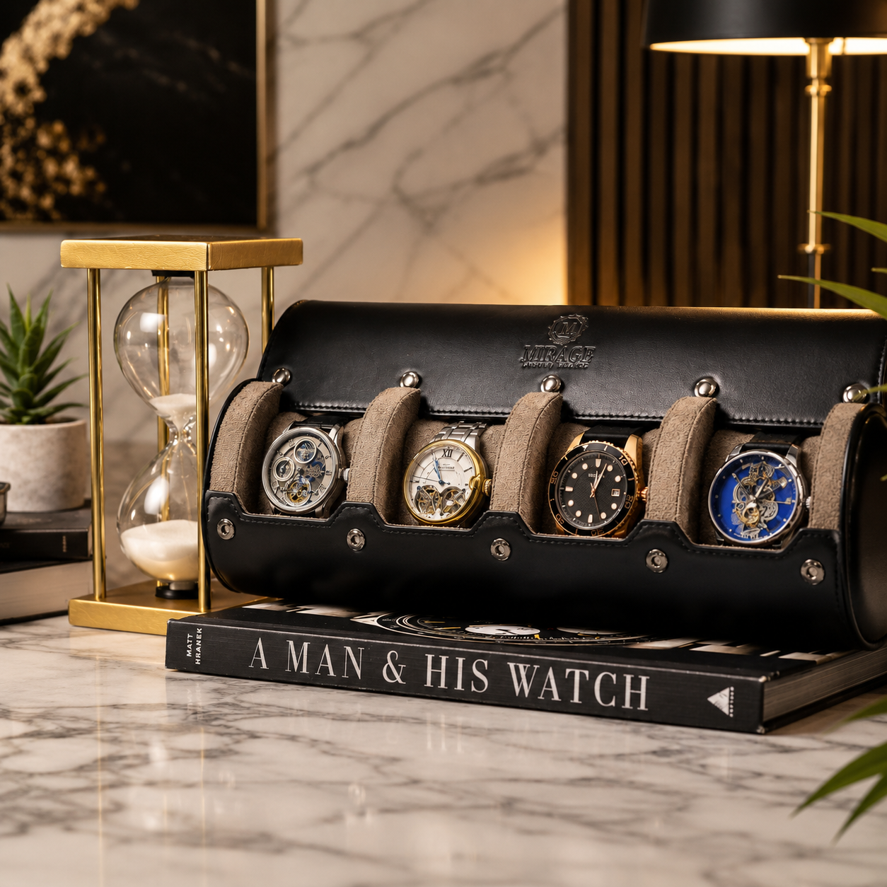 4 Watch Travel Case Full-grain Leather Watch Roll (Sable Black)