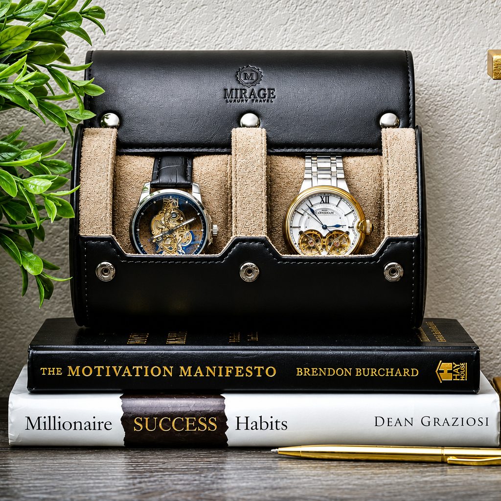 2 Watch Travel Case Full-grain Leather Watch Roll (Sable Black)