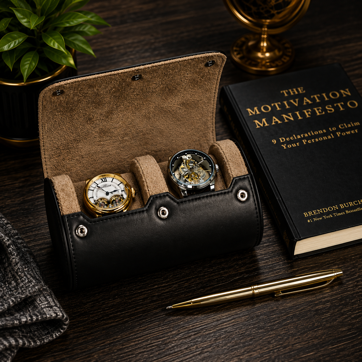 2 Watch Travel Case Full-grain Leather Watch Roll (Sable Black)