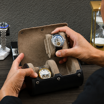 2 Watch Travel Case Full-grain Leather Watch Roll (Sable Black)