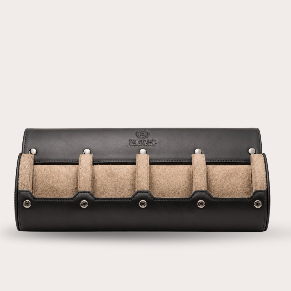 4 Watch Travel Case Full-grain Leather Watch Roll (Sable Black)