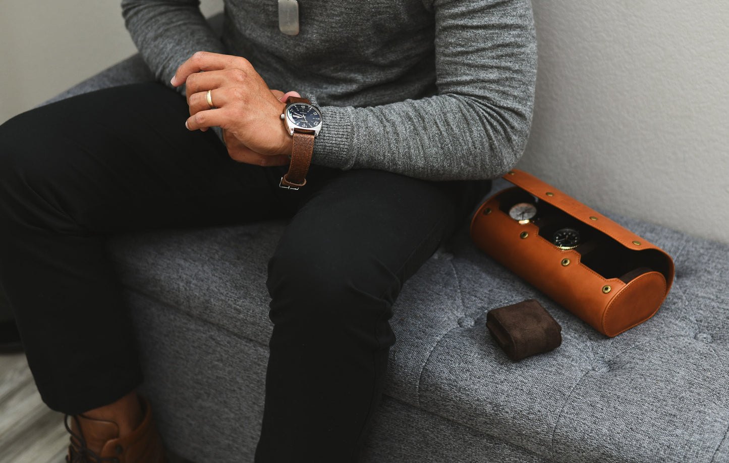 Tawny Brown Full-grain Cow Leather Watch Roll - 3 Watches