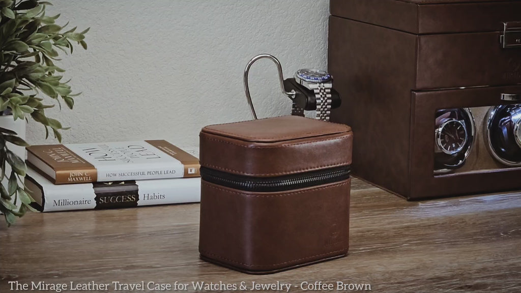Product video showcasing the Coffee Brown genuine leather watch and jewelry travel case with premium suede-lined interior and organized storage.