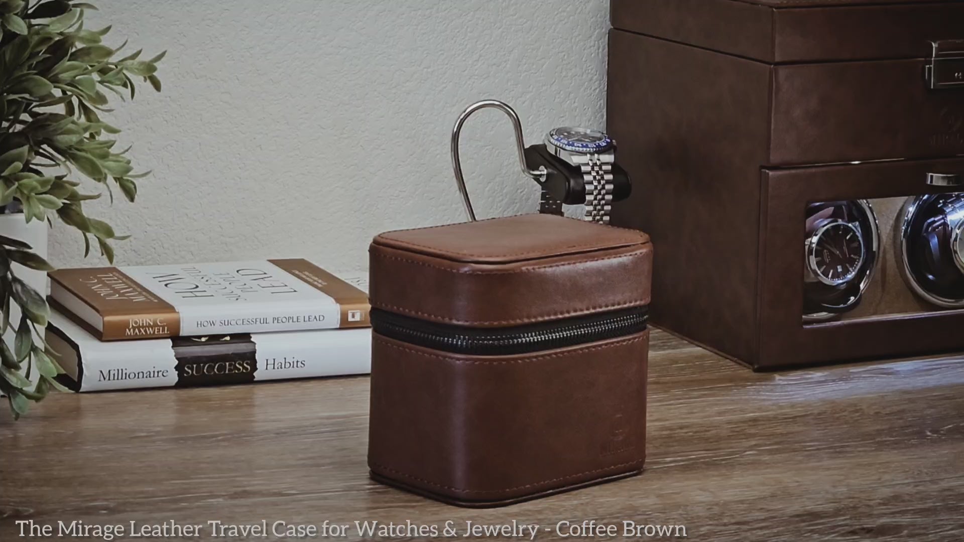 Product video showcasing the Coffee Brown genuine leather watch and jewelry travel case with premium suede-lined interior and organized storage.