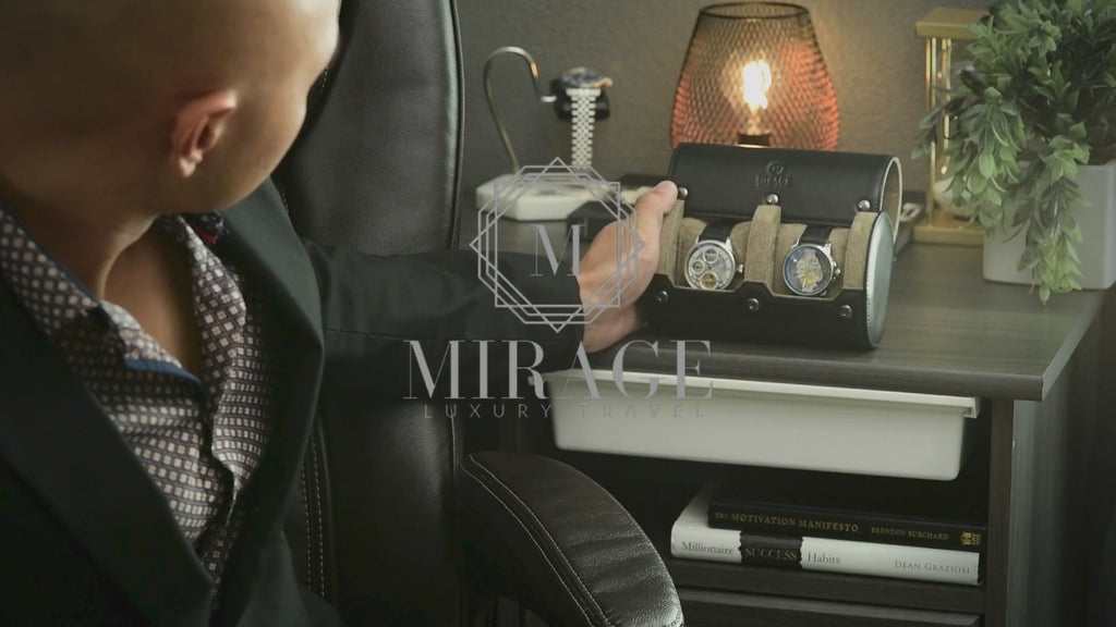 Sable Black full-grain cow leather 2 watch roll featured in a luxury evening lifestyle setting.