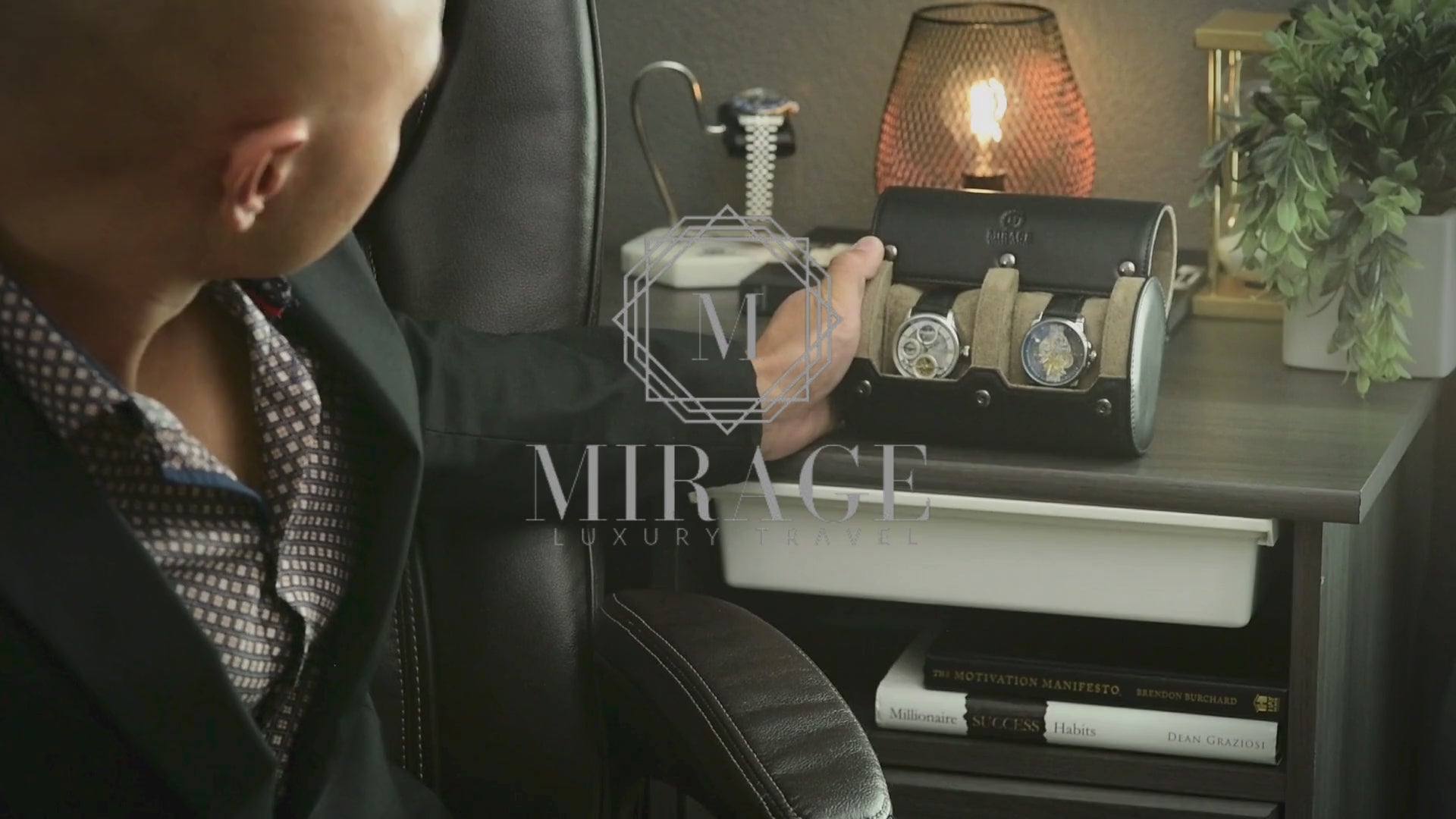 Sable Black full-grain cow leather 2 watch roll featured in a luxury evening lifestyle setting.