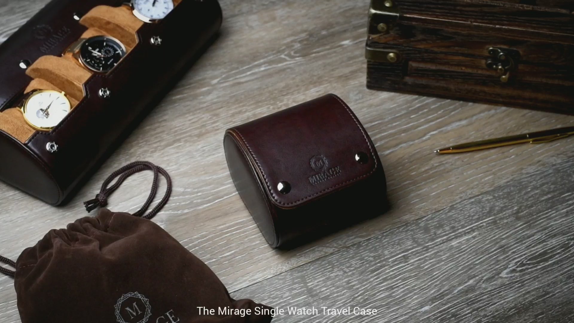 Video showcasing the Mirage Luxury Travel Signature Collection Espresso Brown premium vegan leather 1-watch roll with luxury craftsmanship and travel-ready protection.