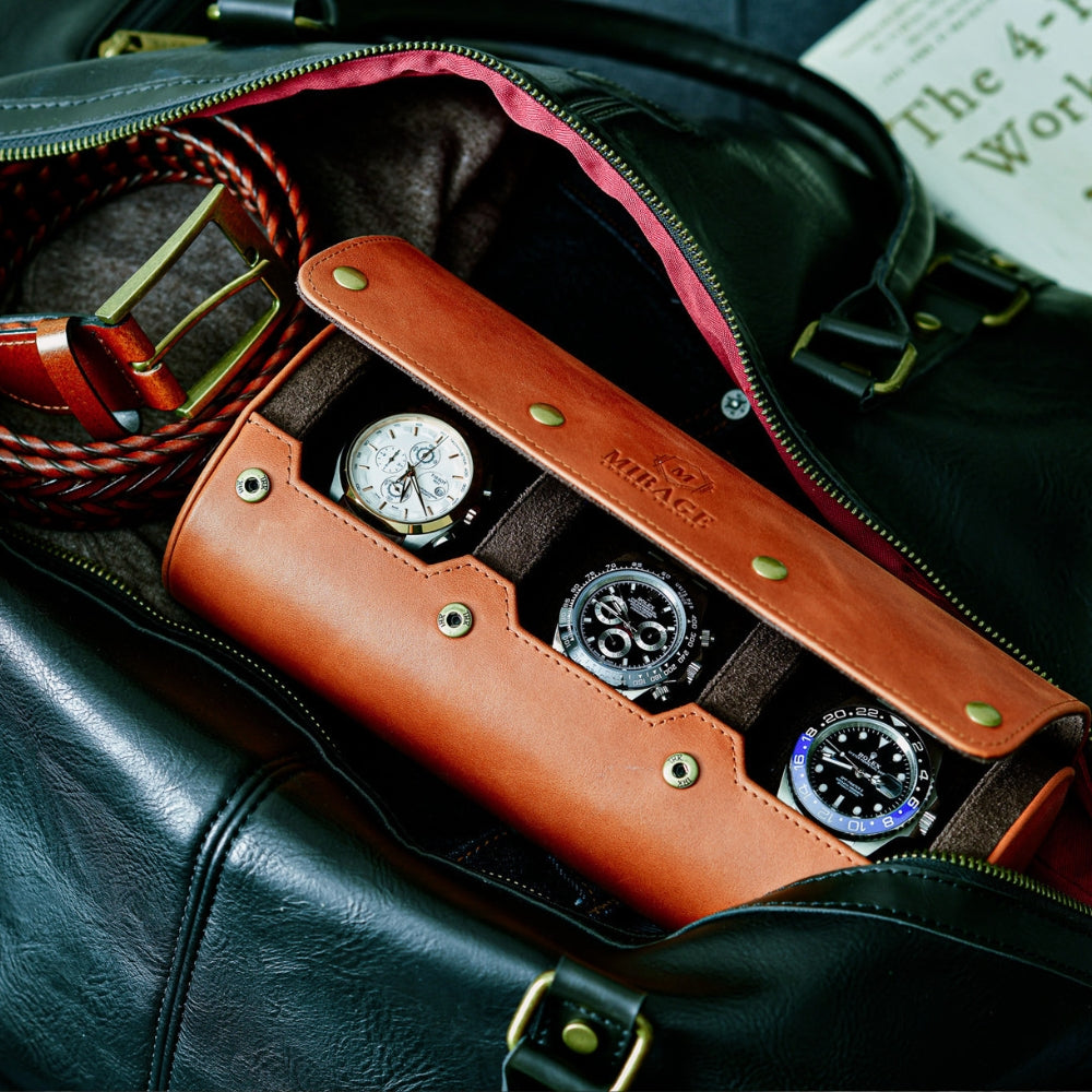 Tawny Brown Full-grain Cow Leather Watch Roll - 3 Watches