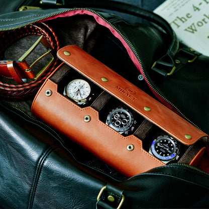 Tawny Brown Full-grain Cow Leather Watch Roll - 3 Watches