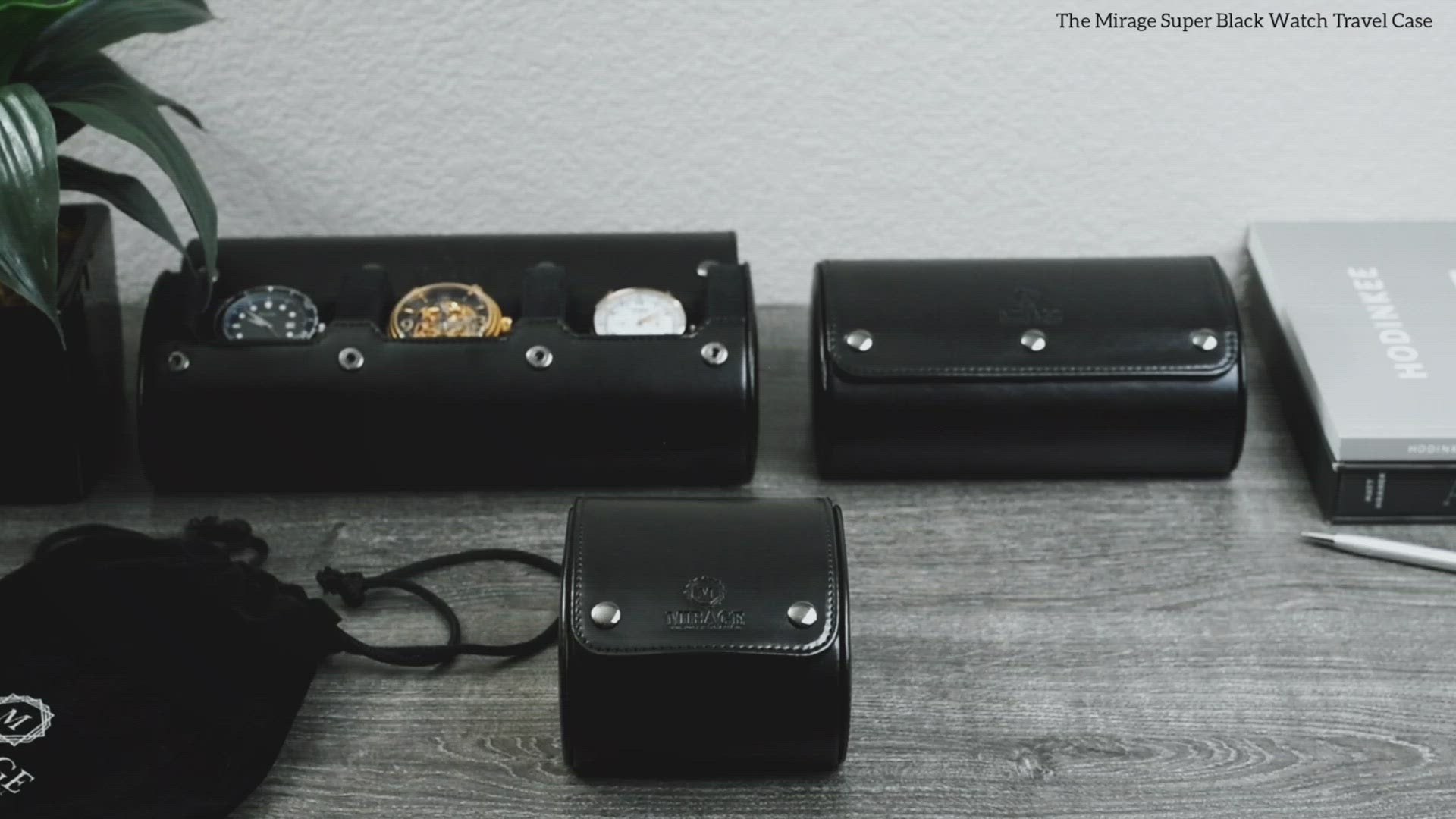 Video demonstrating the Super Black vegan leather 1 watch roll for luxury watch storage and travel.