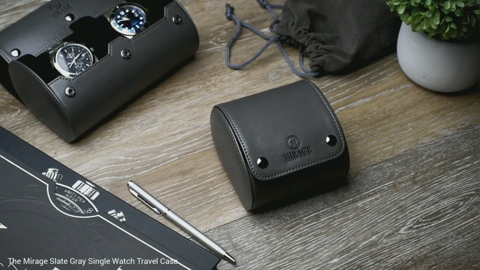 Video showcasing the Slate Gray vegan leather 1 watch roll for luxury watch storage and travel.