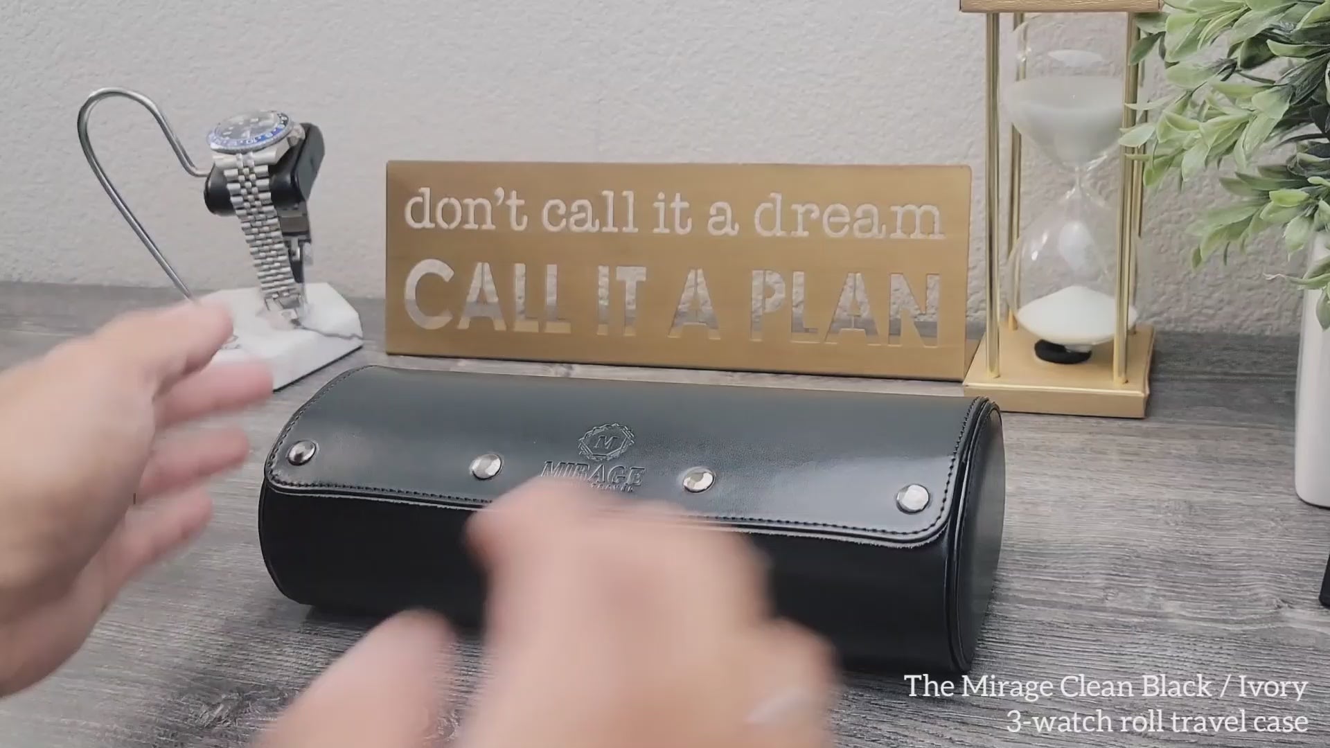 Video demonstrating Mirage Luxury Travel Jade Black 3 watch roll with ivory white interior
