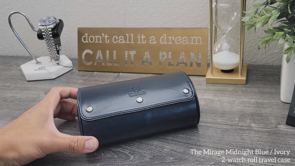 Video showcasing the Midnight Blue vegan leather 2 watch roll with ivory white interior for luxury watch storage and travel.