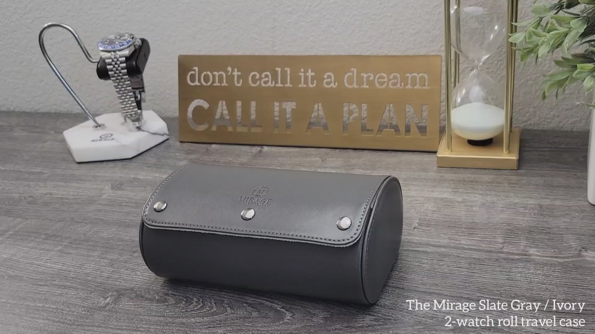 Video demonstrating the Slate Gray vegan leather 2 watch roll with ivory white interior for luxury watch collectors.