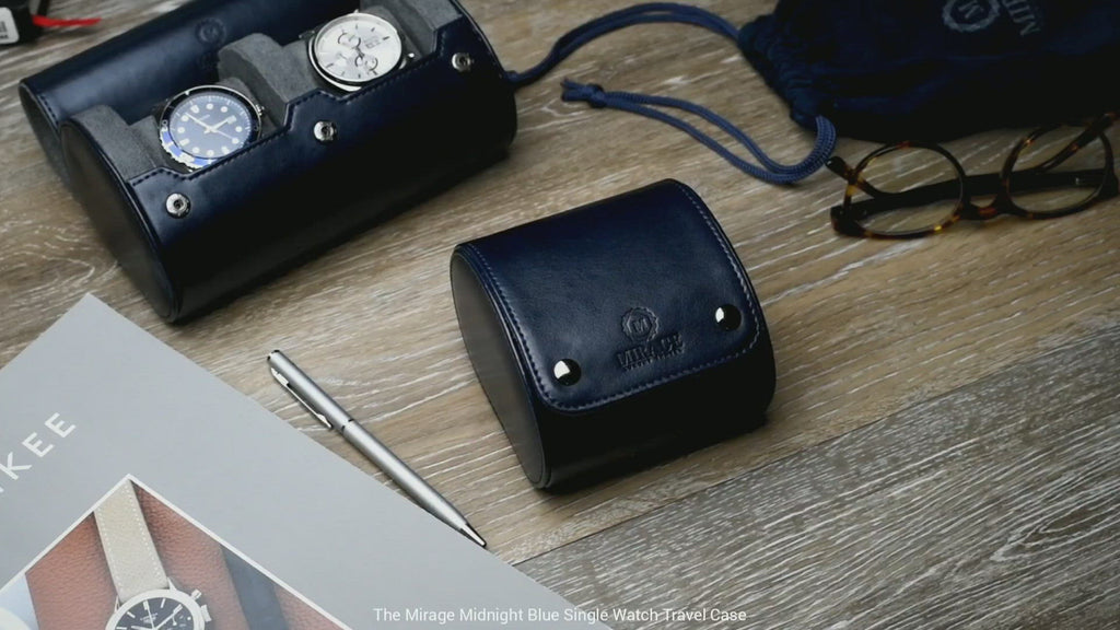 Video showcasing the Mirage Luxury Travel Signature Collection Midnight Blue 1 watch roll with premium craftsmanship and travel protection.