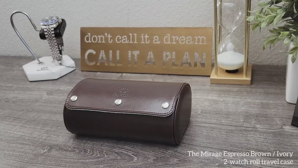 Video showcasing the Espresso Brown vegan leather 2 watch roll with ivory white interior for collectors and travel.
