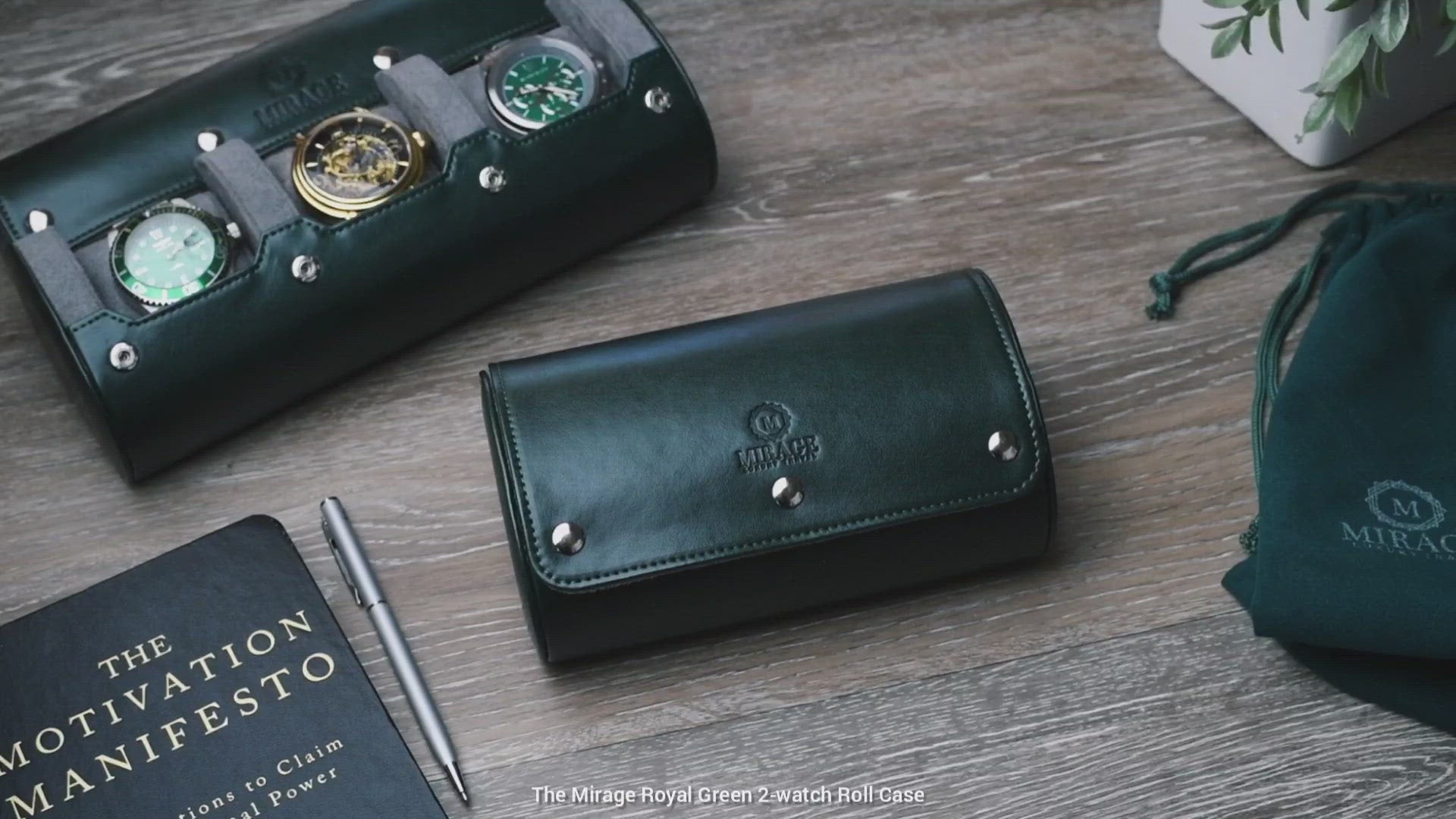 Video showcasing the Royal Green vegan leather 2 watch roll for luxury watch storage, travel, and gifting.
