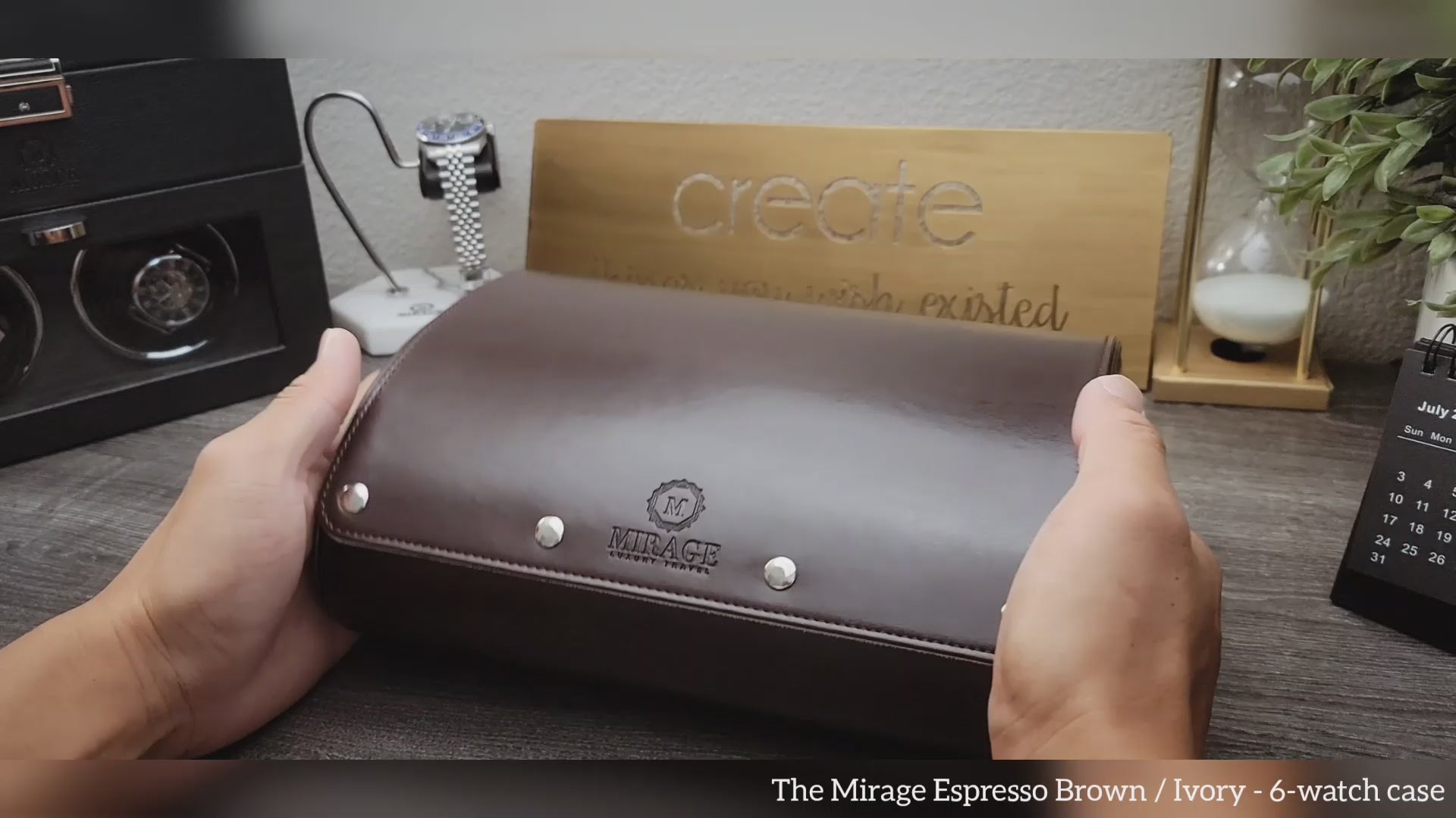 Video demonstration of the Espresso Brown premium vegan leather 6 watch roll with ivory white interior