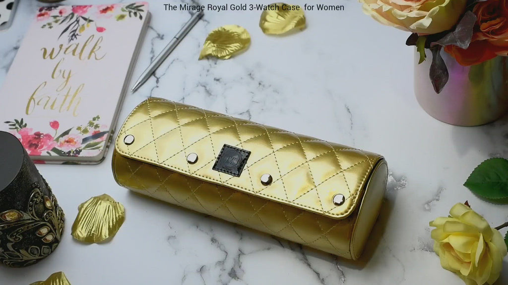 Video demonstration of Royal Gold women's luxury watch roll displayed as an elegant gift for birthdays, anniversaries, Mother's Day, New Year, and other special events.