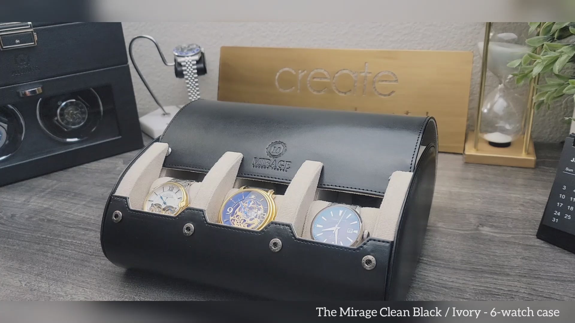 Video demonstration of the Jade Black premium vegan leather 6 watch roll with ivory white interior