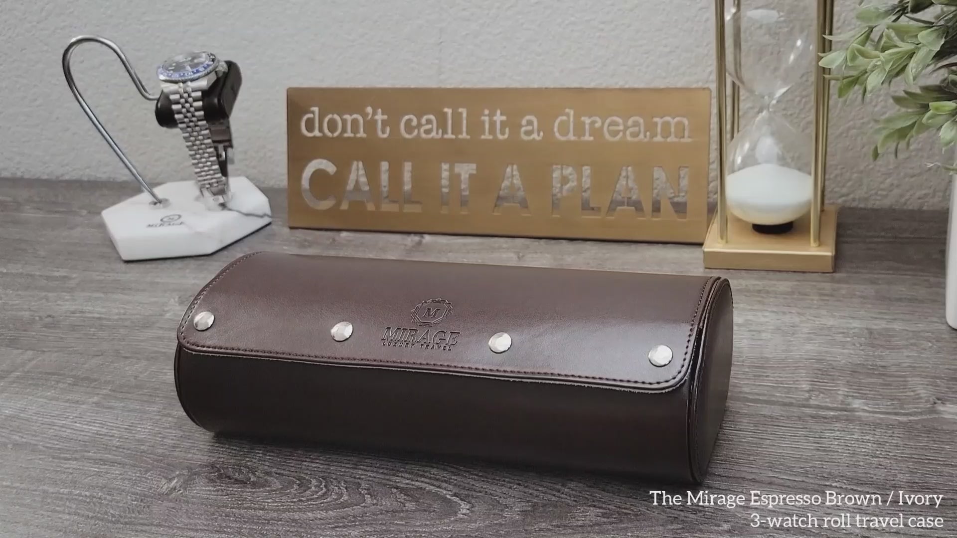 Video demonstrating Espresso Brown premium vegan leather 3 watch roll with ivory white interior