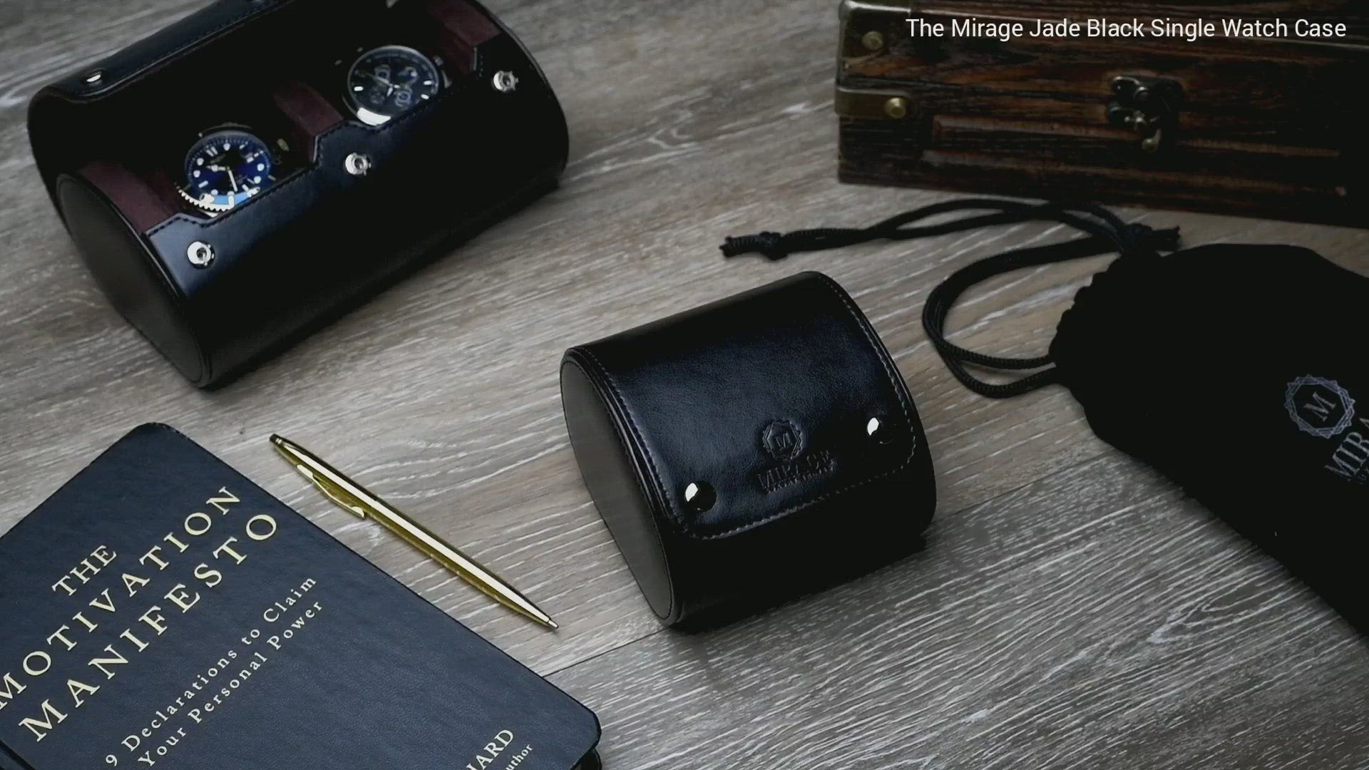 Video showcasing the Mirage Luxury Travel Signature Collection Jade Black premium vegan leather 1-watch roll with premium craftsmanship and travel-ready protection.