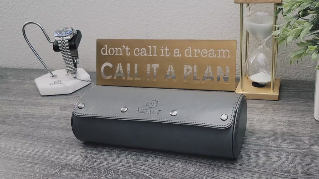 Video demonstration of the Slate Gray premium vegan leather 3 watch roll with ivory white interior