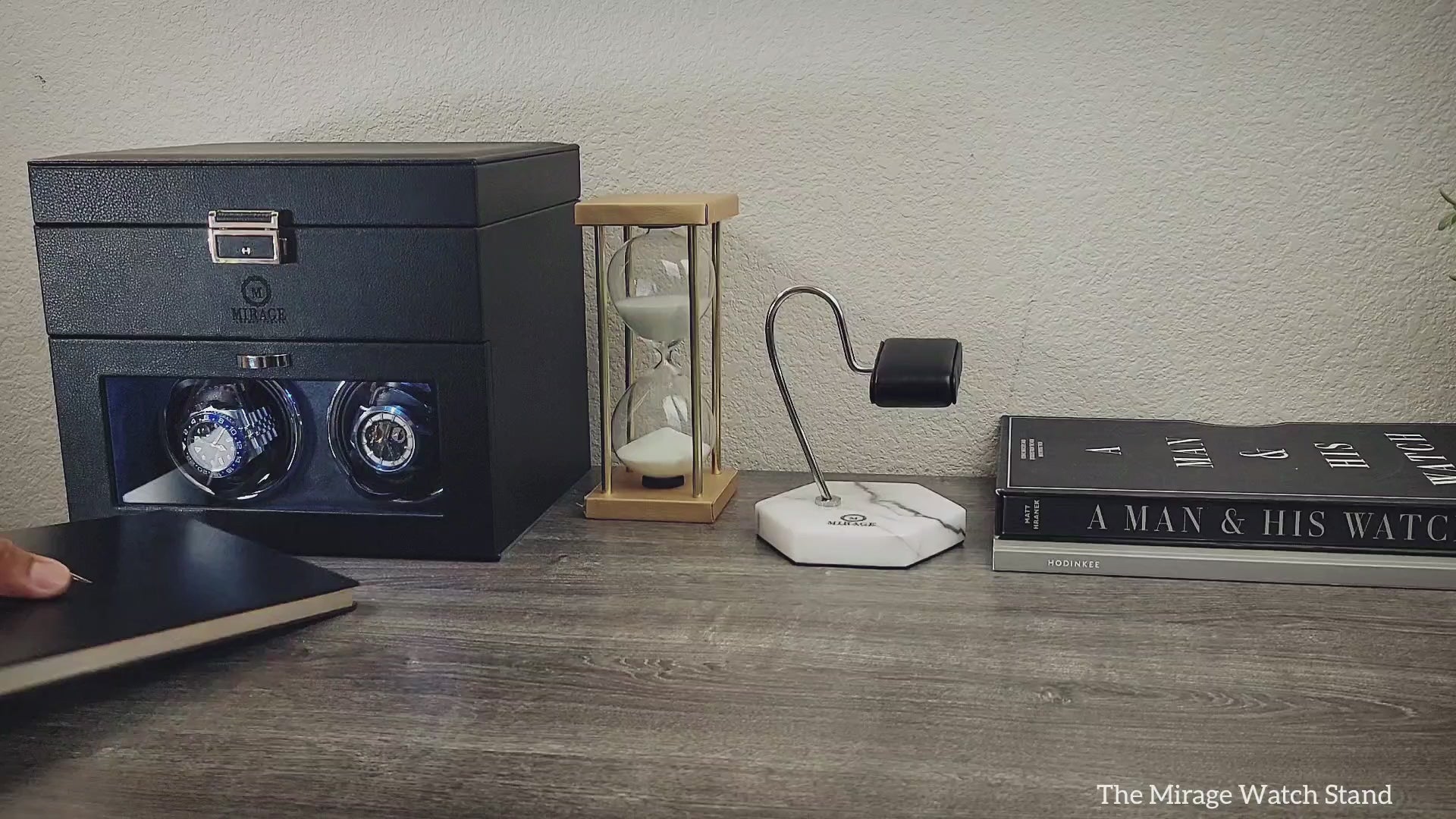 Video showcasing the Mirage Luxury Travel Elite White Lilac Marble watch stand with handcrafted marble construction and premium watch display features.
