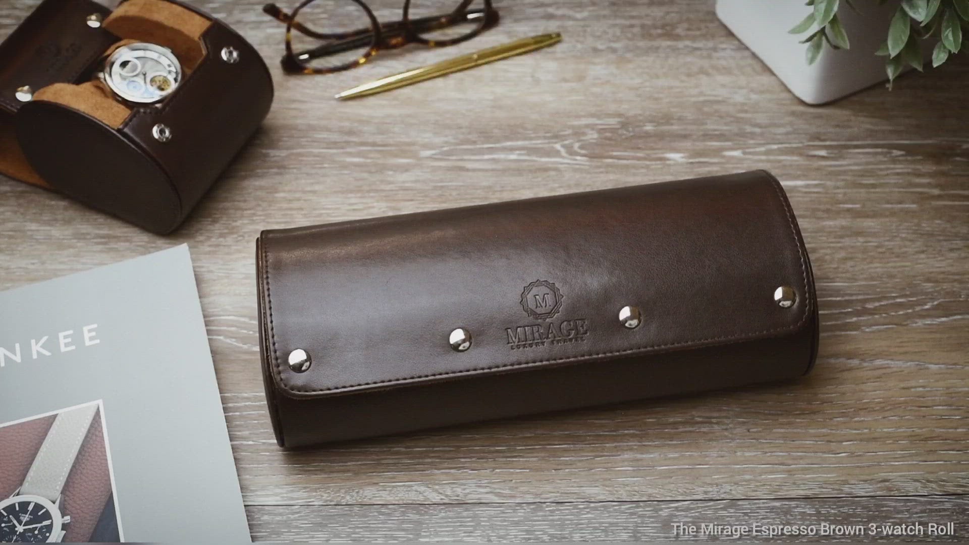 Video demonstrating the Espresso Brown premium vegan leather 3 watch roll travel case with luxury watch storage features