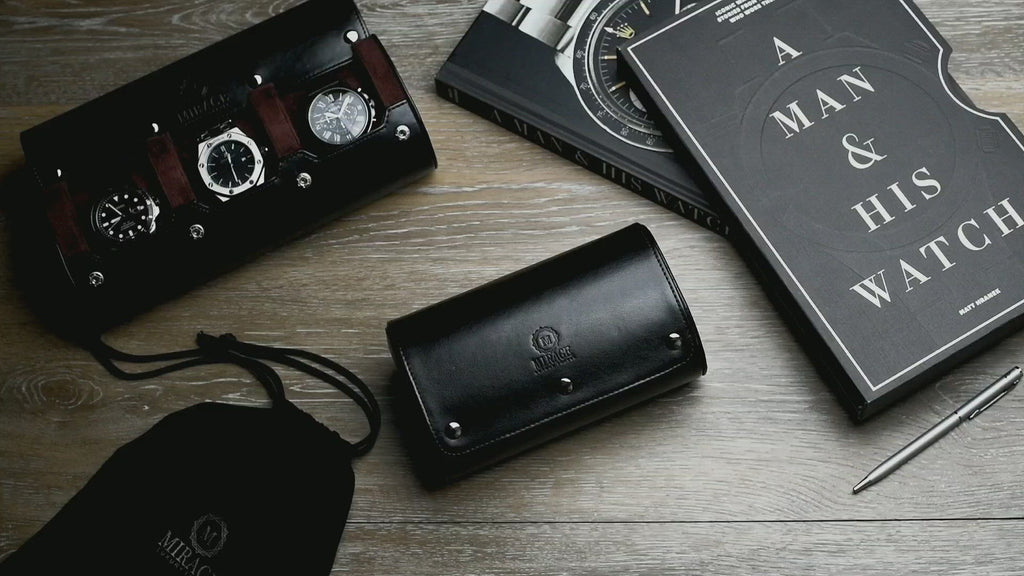 Video showcasing the Jade Black vegan leather 2 watch roll for luxury watch storage, travel, and gifting.