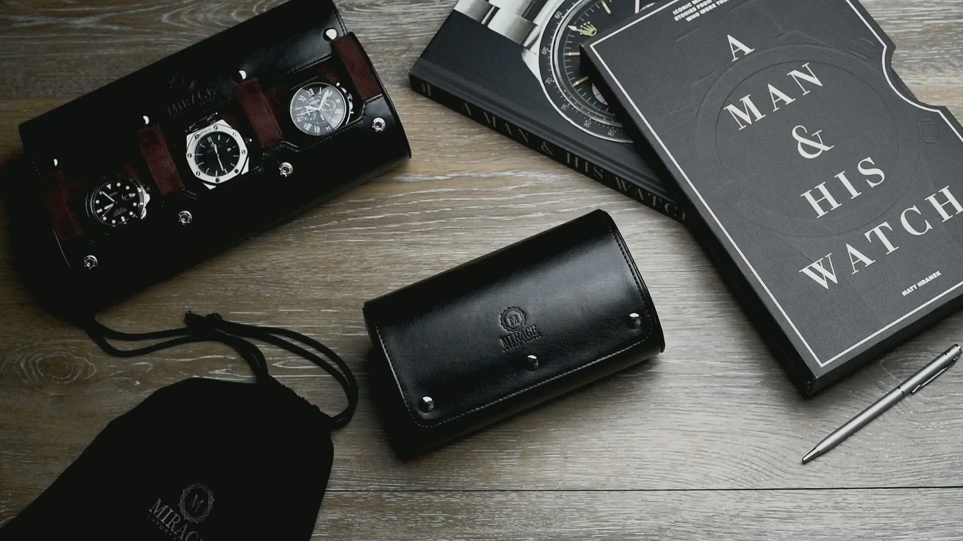 Video showcasing the Jade Black vegan leather 2 watch roll for luxury watch storage, travel, and gifting.