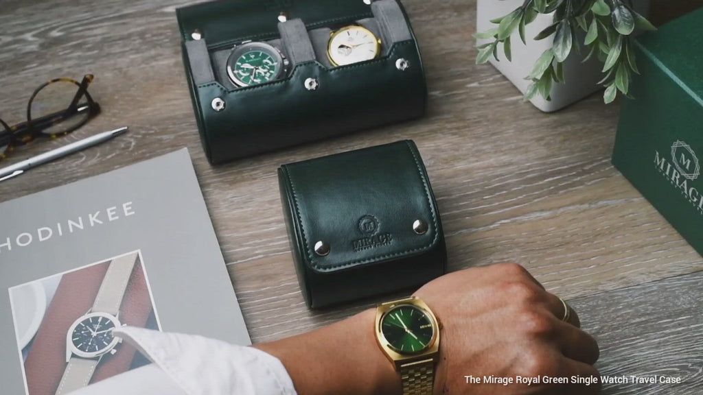 Video showcasing the Royal Green vegan leather 1 watch roll for luxury watch storage and travel.