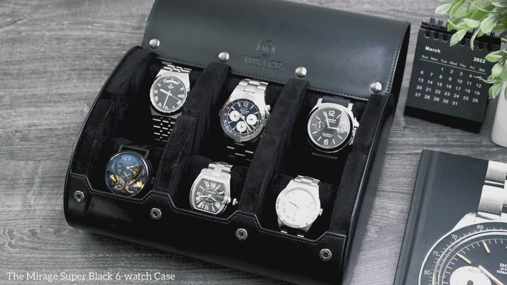 Video showcasing the Super Black premium vegan leather 6 watch roll travel case and luxury watch organizer