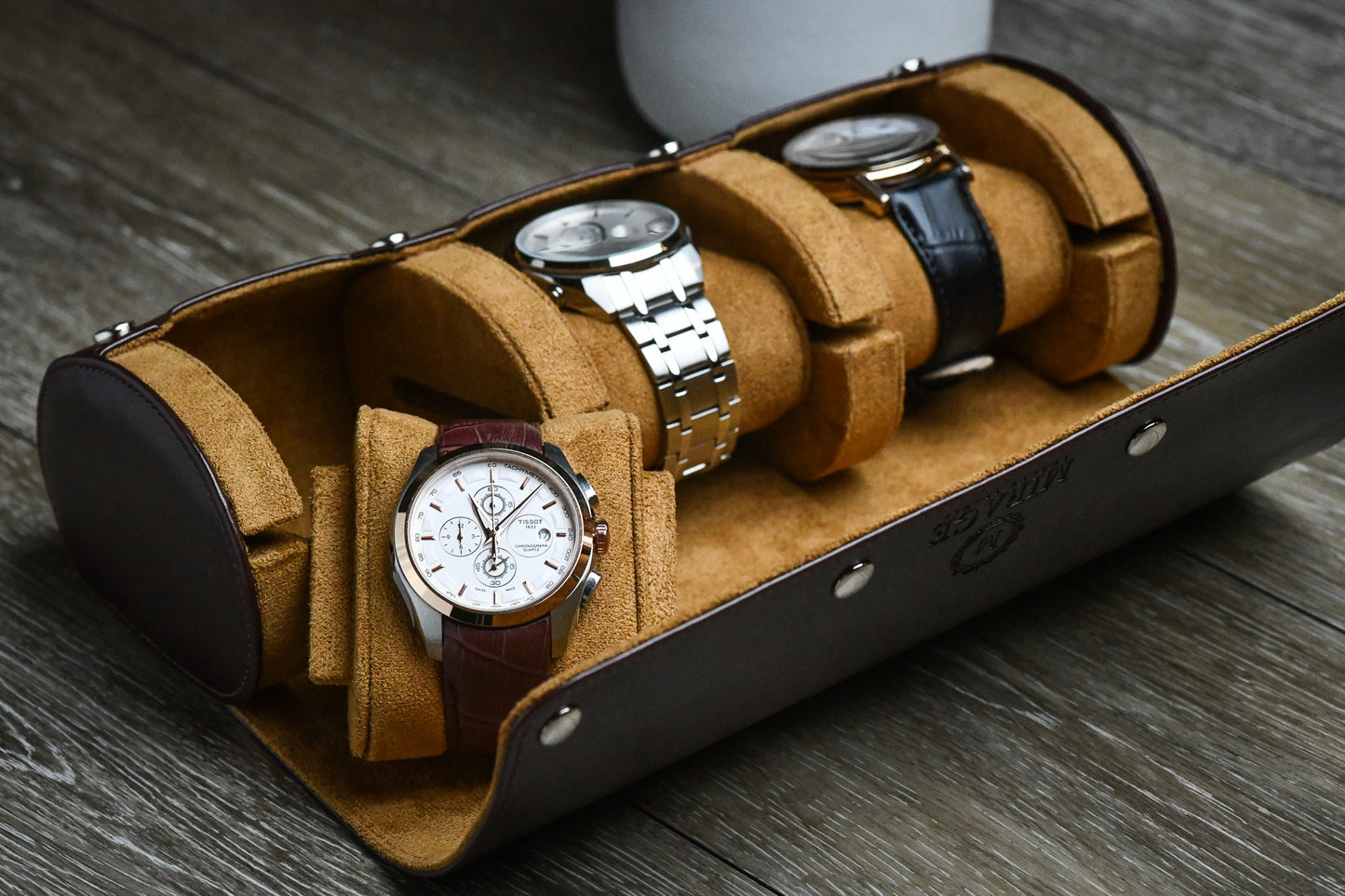 Angled view of Espresso Brown vegan leather 3 watch roll showcasing luxury watch storage and premium craftsmanship