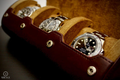 Luxury watches displayed inside Espresso Brown vegan leather watch roll with soft suede interior for collectors