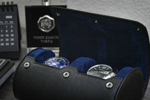 Sable Noir Saffiano Cuir Montre Roll Case 3-montres