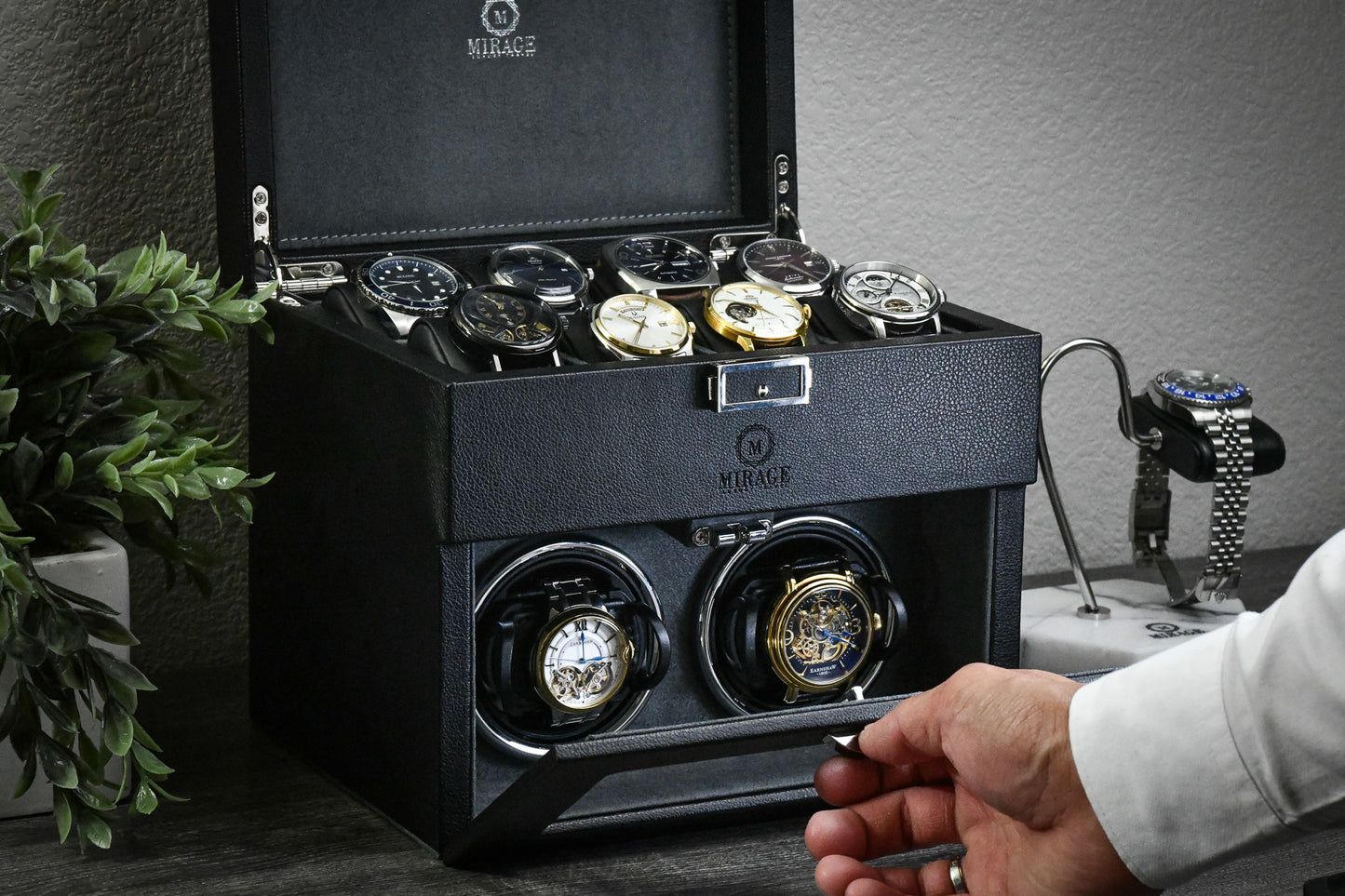 Ebony Black premium vegan leather luxury watch winder with premium suede-lined interior displaying automatic watches in an elegant collector's setting.