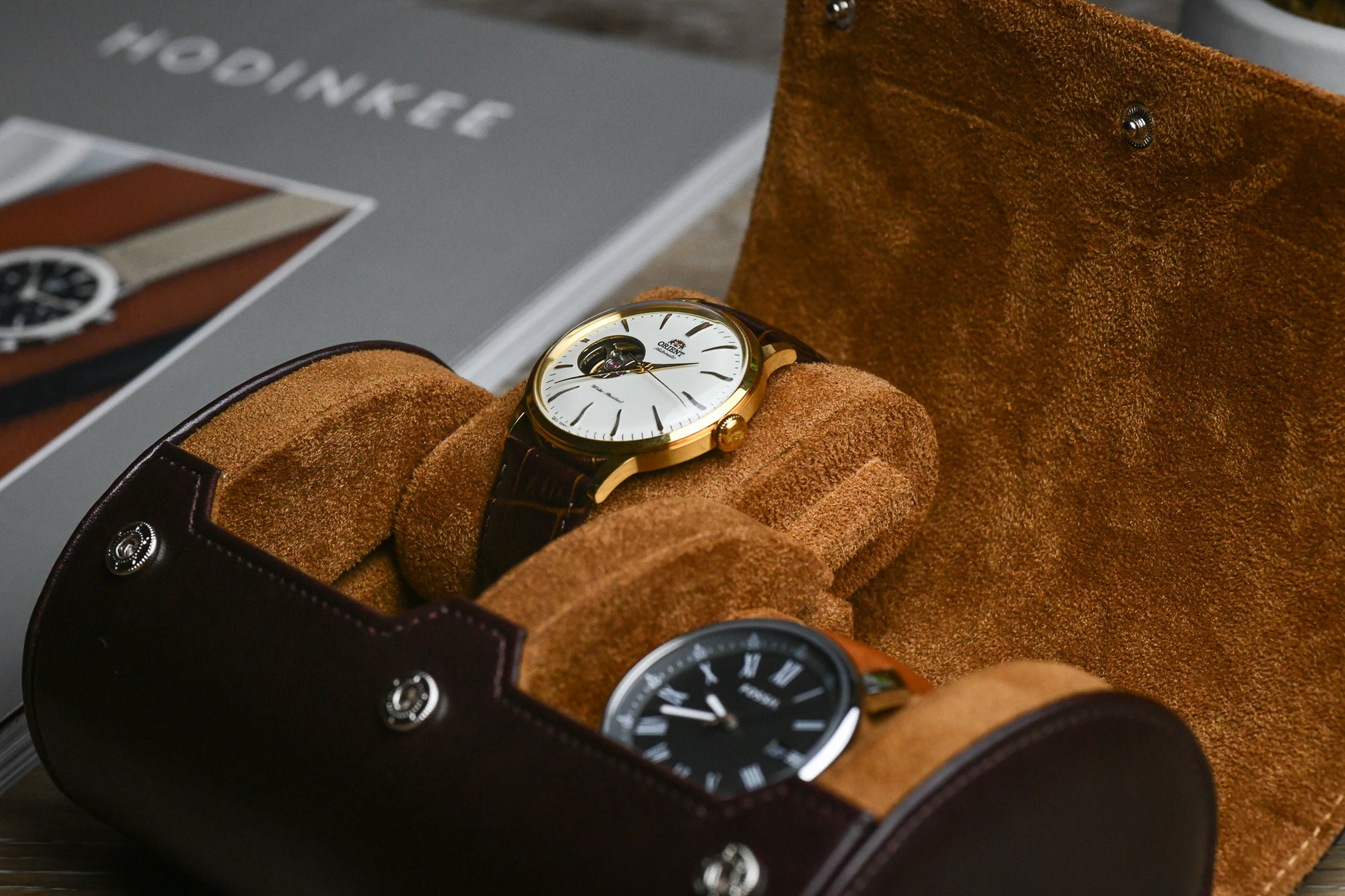 Luxury watch displayed inside the Espresso Brown vegan leather 2 watch travel case.