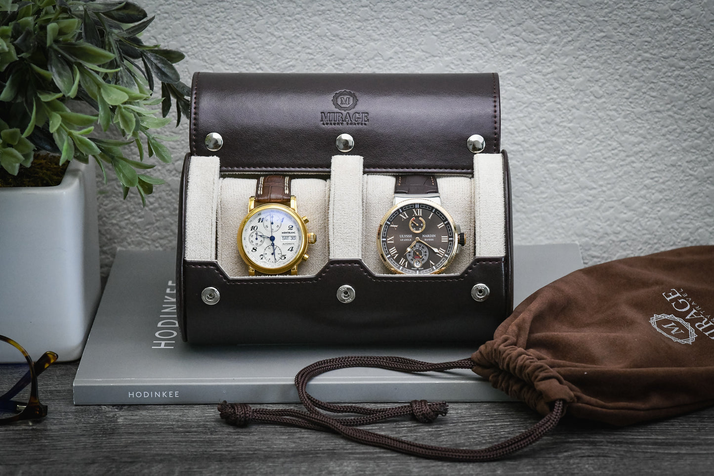 Luxury watches displayed inside the Espresso Brown vegan leather 2 watch travel case with ivory white suede lining.