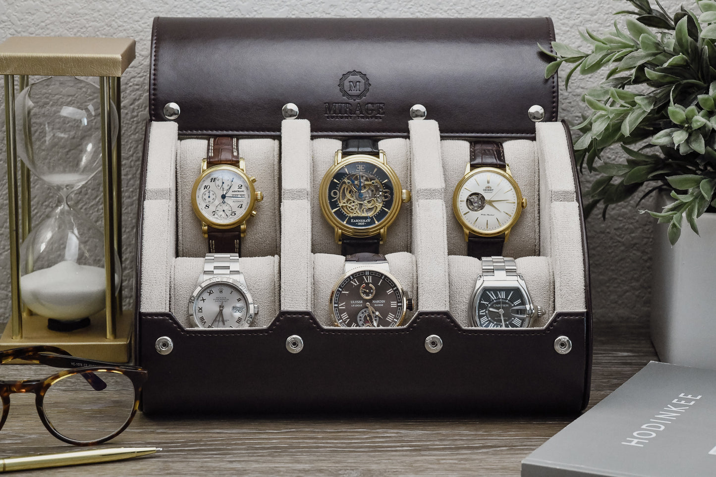 Premium Espresso Brown and ivory white 6 watch travel case displaying luxury watches for collectors and enthusiasts