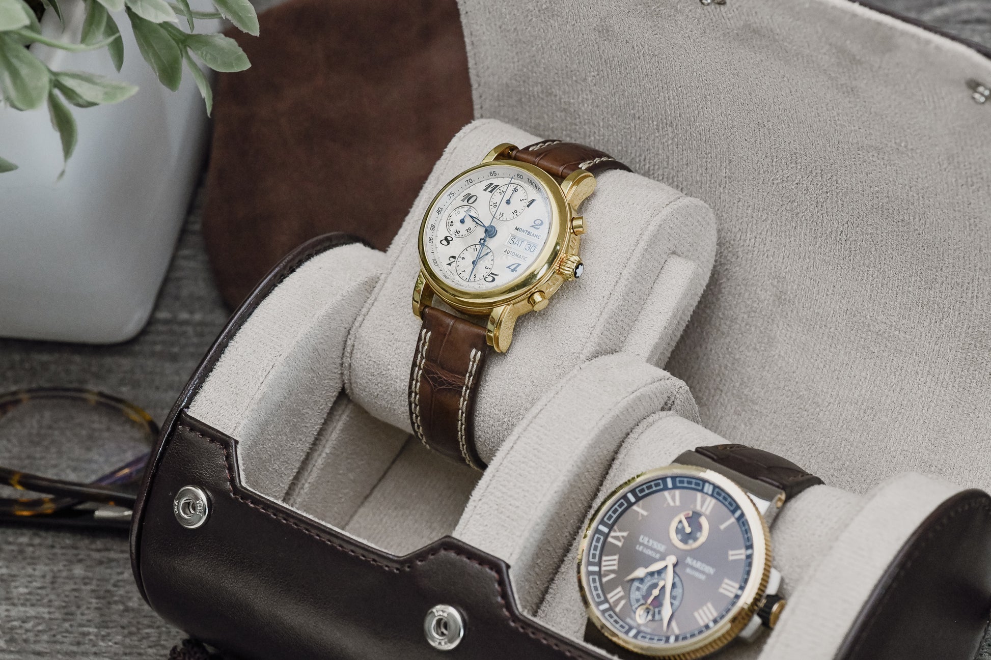 Premium experience of the Espresso Brown vegan leather 2 watch roll by Mirage Luxury Travel.