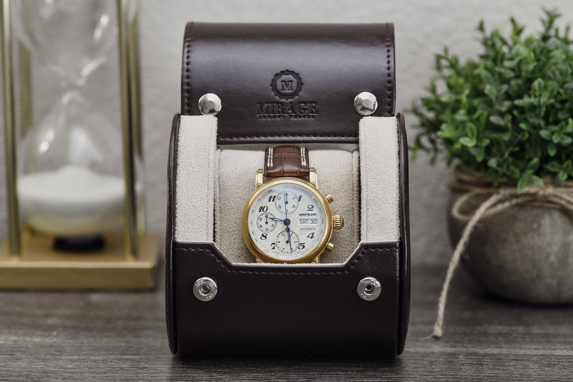 Mirage Luxury Travel Signature Collection Espresso Brown premium vegan leather 1-watch roll with an Ivory White premium suede-lined interior, showcasing elegant protection for a luxury watch.