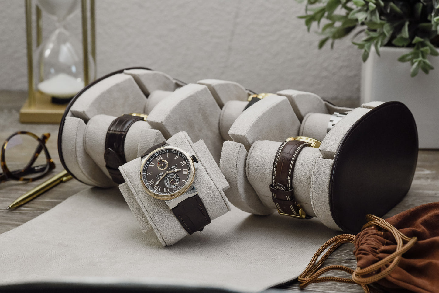 Luxury Espresso Brown vegan leather 6 watch roll with ivory white interior protecting Rolex Omega Tudor Grand Seiko and Seiko watches