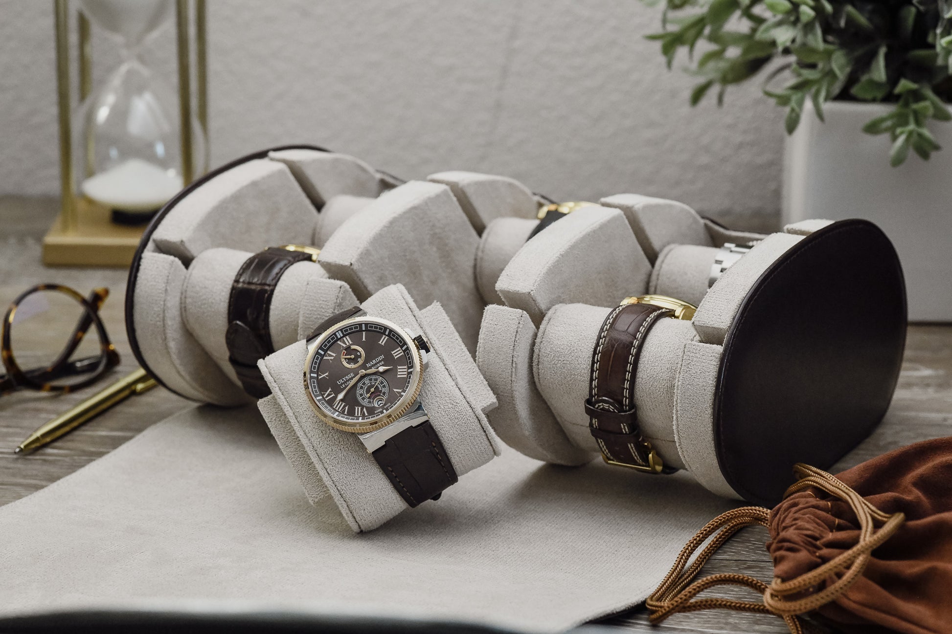 Luxury Espresso Brown vegan leather 6 watch roll with ivory white interior protecting Rolex Omega Tudor Grand Seiko and Seiko watches