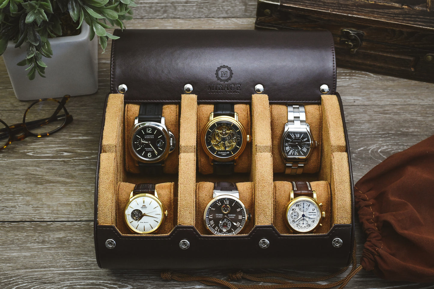 Premium Espresso Brown 6 watch travel case displaying six luxury watches for collectors and executive storage